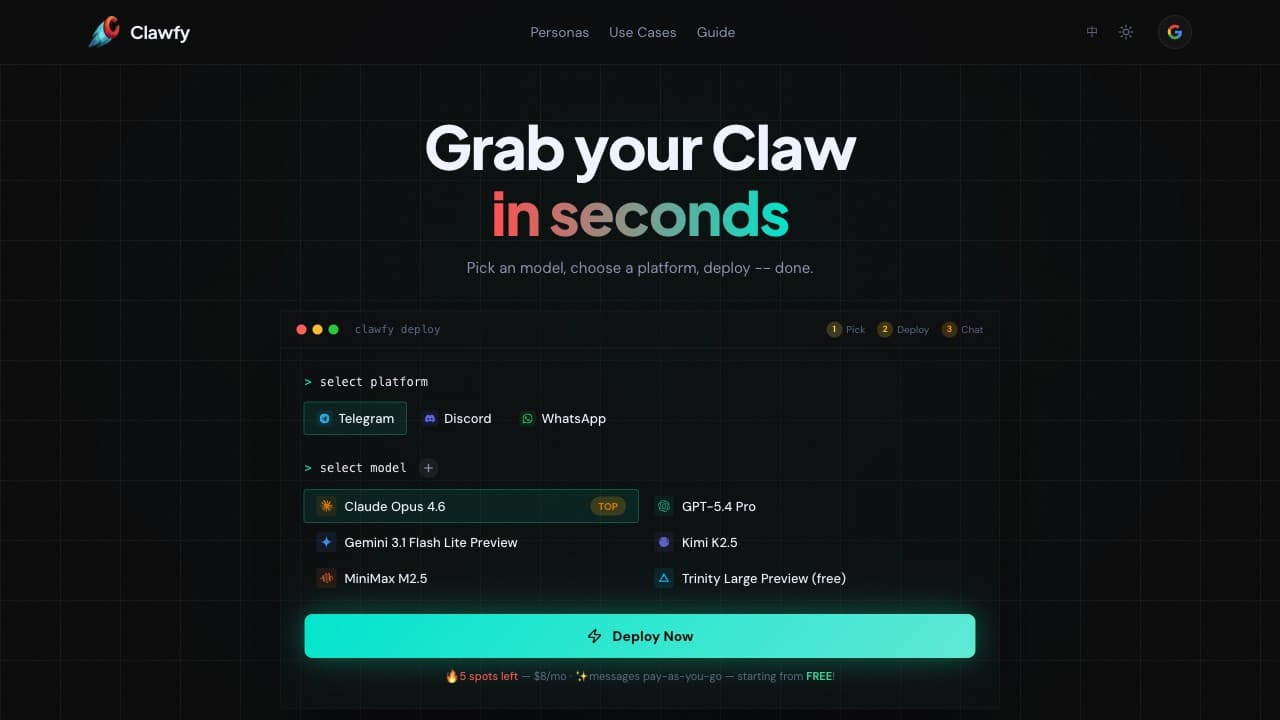 Clawfy homepage screenshot