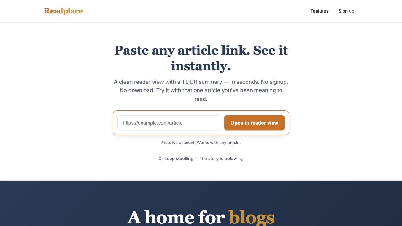 Readplace homepage screenshot