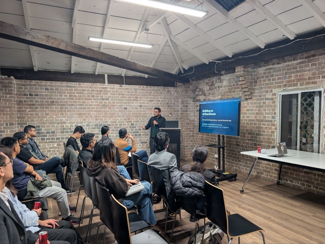 Harshil Siyani presenting Building an AI Board of Directors at the 02Ship Claude Sydney meetup, June 16 2026