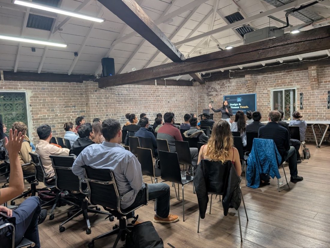 Wendy Teo presenting on the human element in AI-generated design at the 02Ship Claude Sydney meetup, June 16 2026