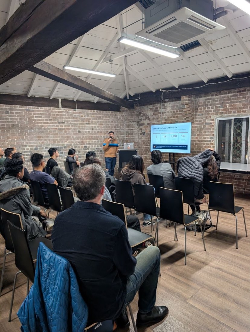 Hemanth Haridas giving a lightning talk on harness engineering at the 02Ship Claude Sydney meetup, June 16 2026